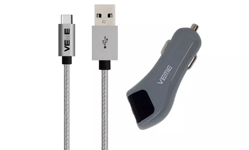 Grey VEME USB-C Aluminum Charging Cable With USB-A Car Adapter