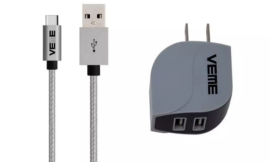 Grey VEME USB-C Aluminum Charging Cable With USB-A Home Adapter