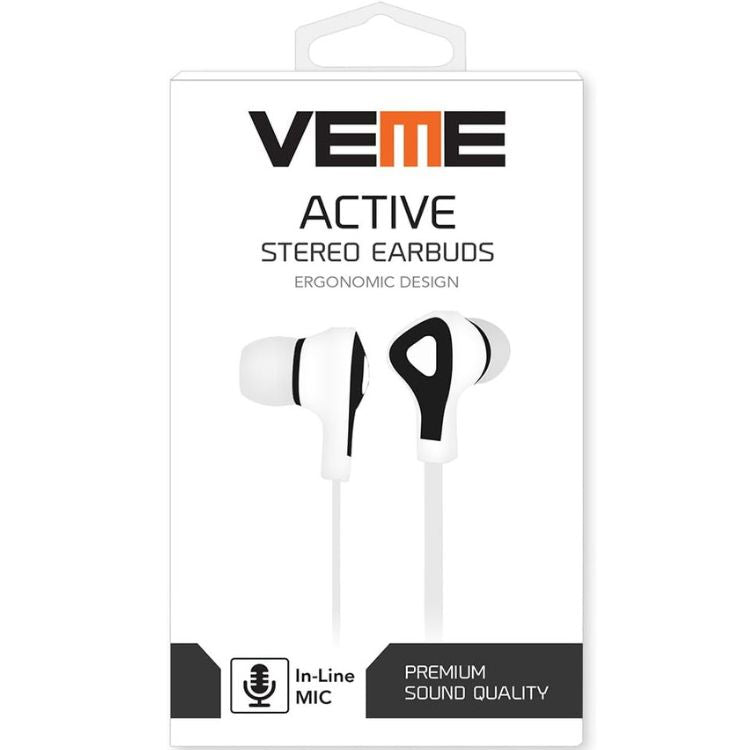 White VEME Active Series Stereo Earbuds