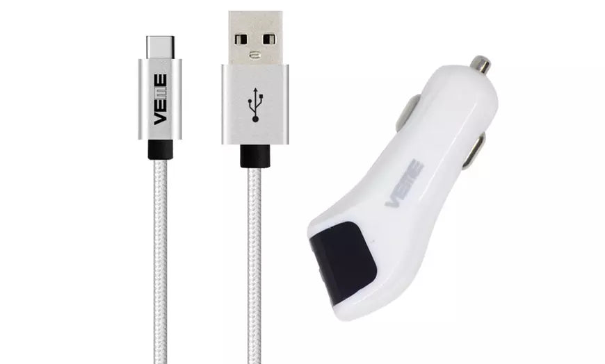 White VEME USB-C Aluminum Charging Cable With USB-A Car Adapter