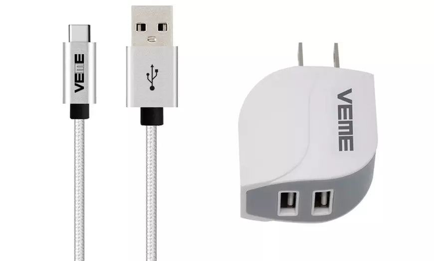 White VEME USB-C Aluminum Charging Cable With USB-A Home Adapter