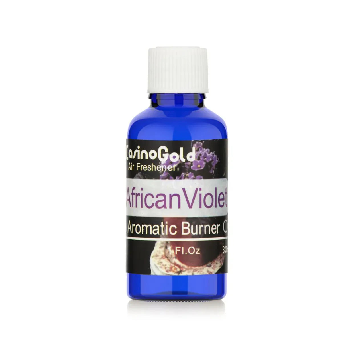 Casino Gold African Violet Fragrance Oil Air Freshener in a 1 oz blue bottle