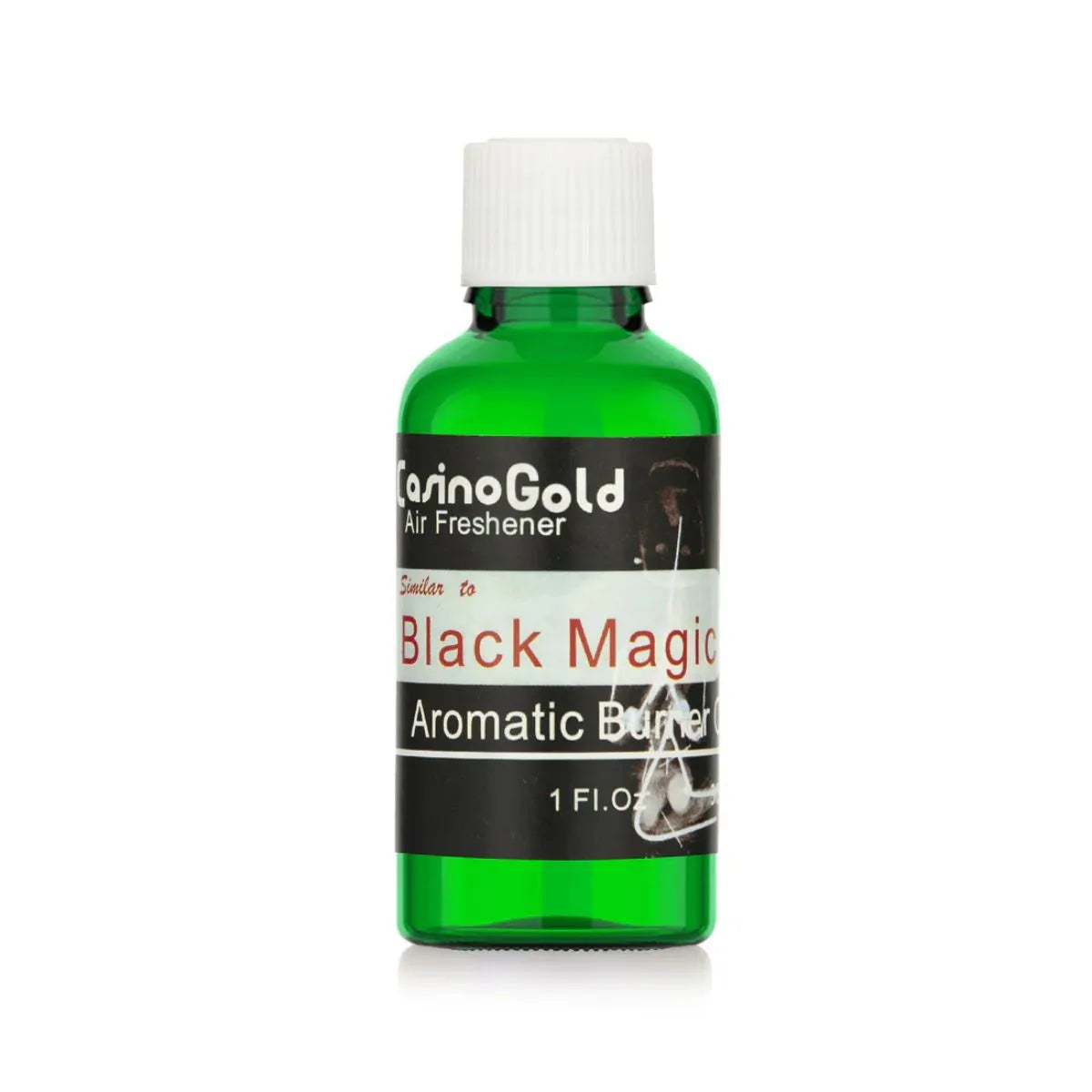 Casino Gold Black Magic Fragrance Oil Air Freshener in a 1 oz green bottle