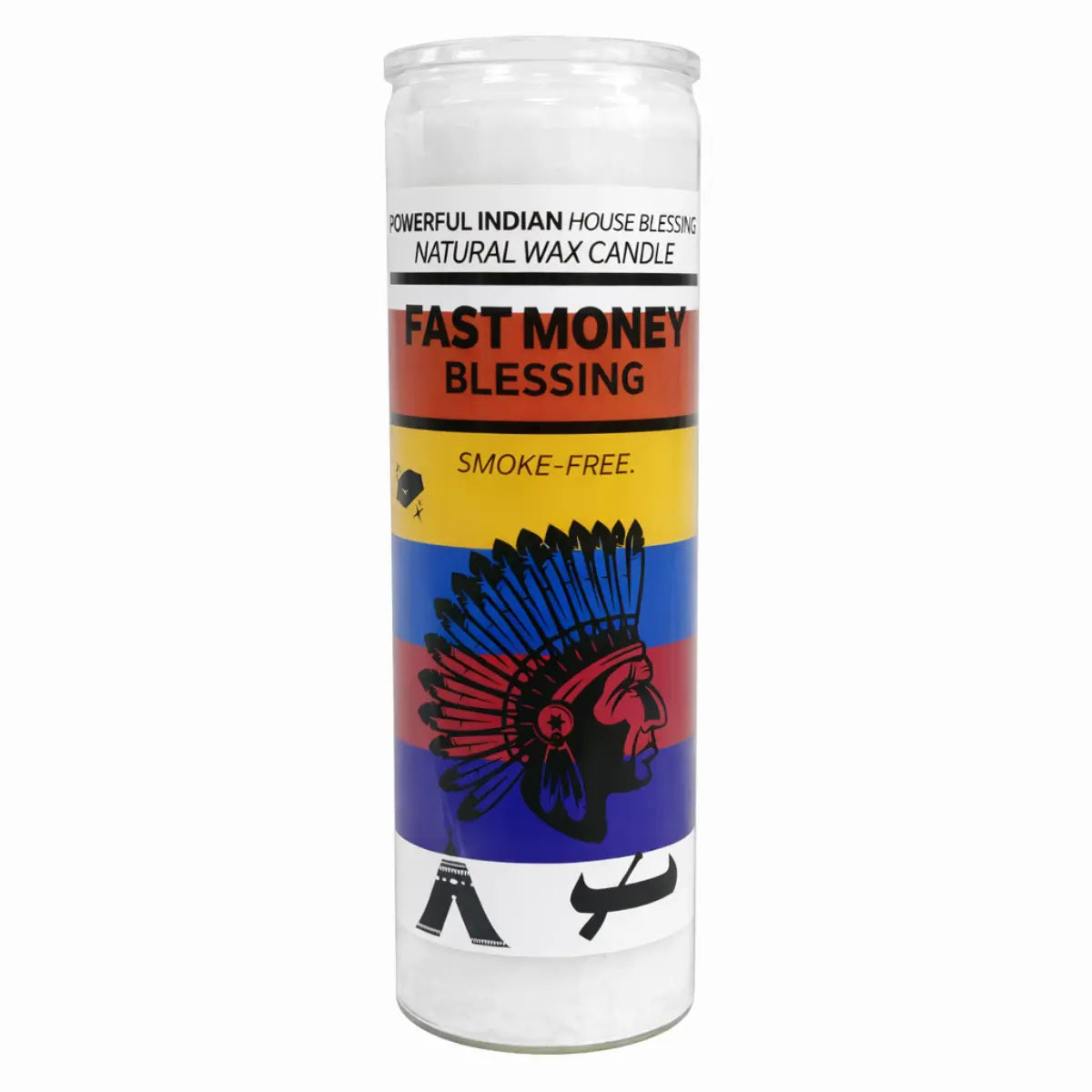 Fast Money Blessing candle with colorful label and Native American head illustration