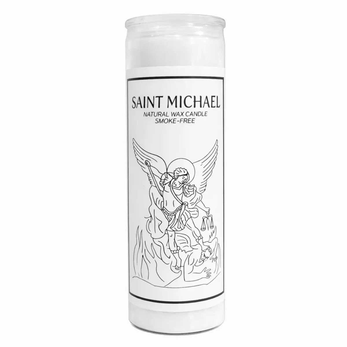 Saint Michael prayer candle featuring Archangel Michael illustration on white glass jar