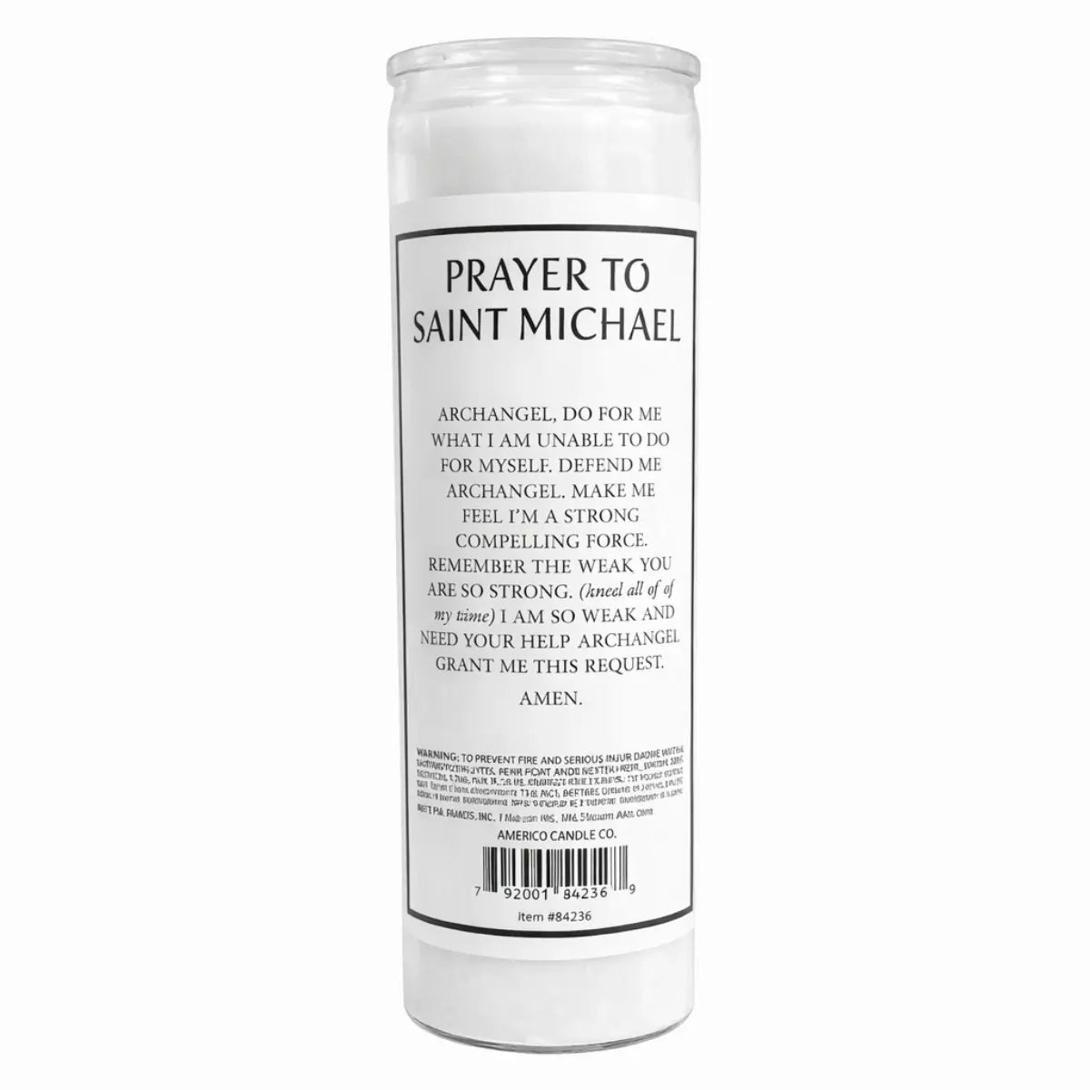 Saint Michael prayer candle with printed prayer text on back label