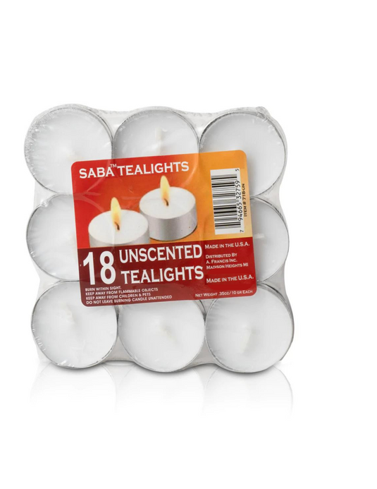SABA Tealights - "White Unscented" - 18 Pack- Made in USA (20 Count)