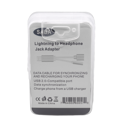 Back of Three in One SABA Lightning to USB-A and Headphone Jack Adapter 
