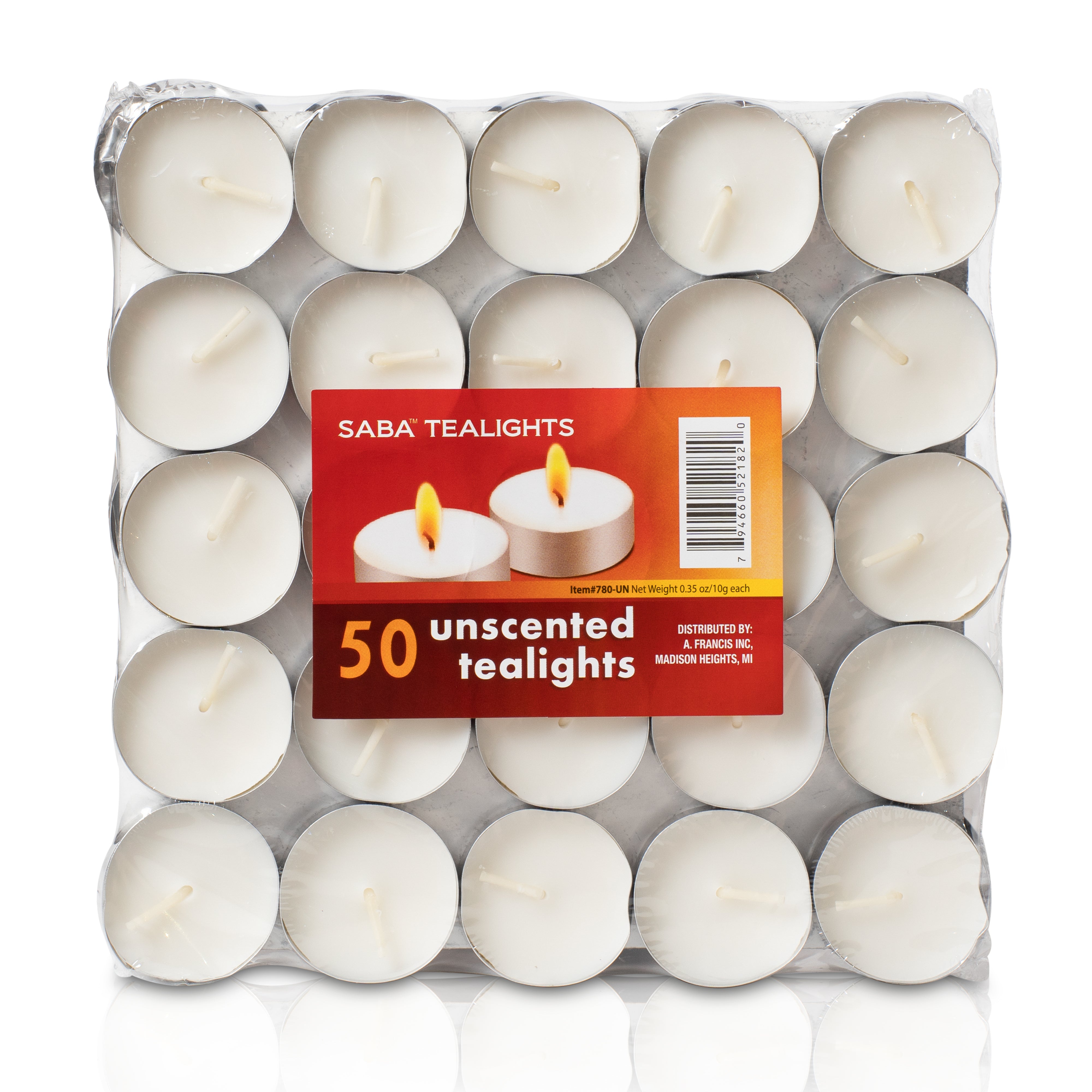 SABA Tealights - "White Unscented" - 50 Pack- Made in USA (36 Count)